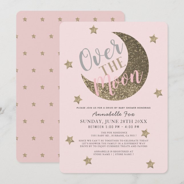 Invitation Au-dessus du Baby shower Moon Blush Pink (Devant / Derrière)