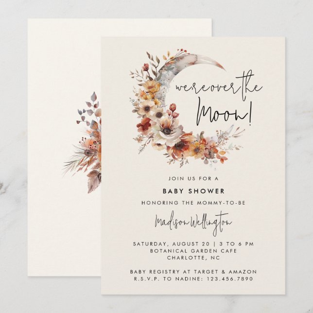 Invitation Au-Dessus Du Baby shower Neutre De Boho Sur La Lun (Devant / Derrière)