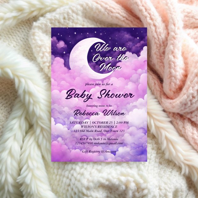 Invitation Au-dessus du baby shower rose pourpre de lune (Over the moon purple pink girl baby shower invitation template galaxy stars moon baby shower invite)