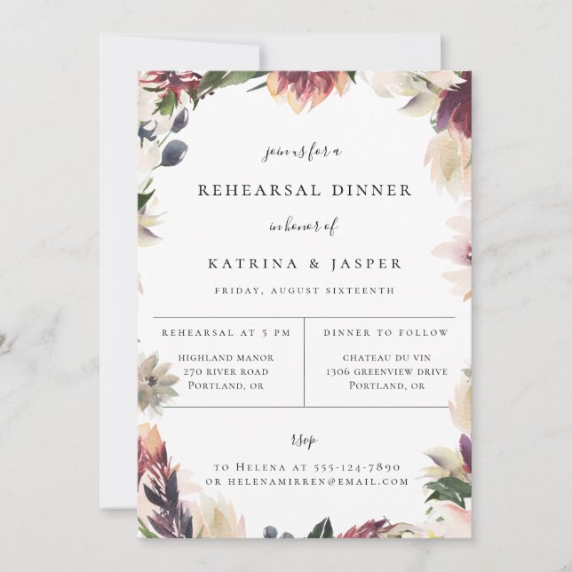 Invitation au dîner de répétition floral prune ros (Devant)