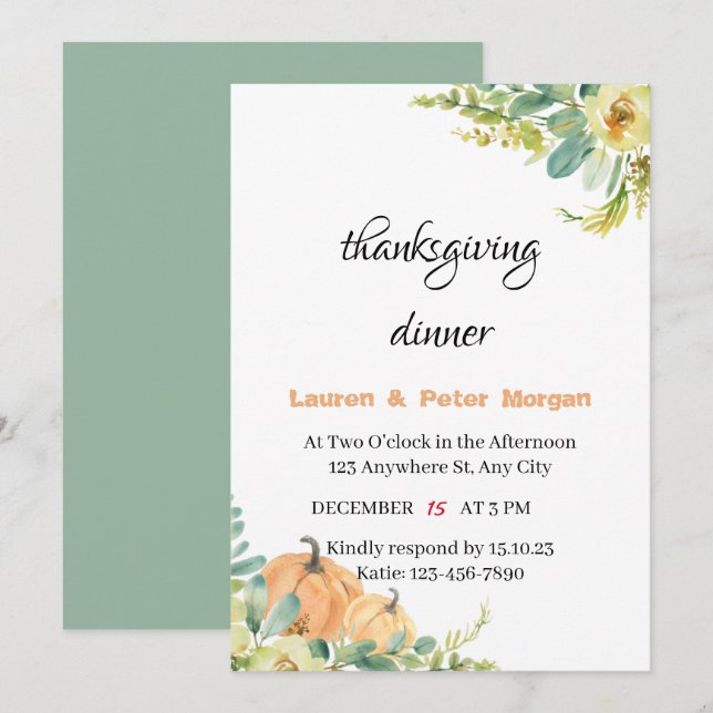 Invitation au dîner de Thanksgiving (Devant / Derrière)