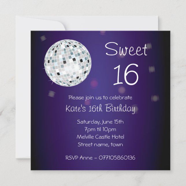 Invitation au Disco Ball Party Sweet sixteen 16 (Devant)
