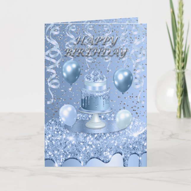 Invitation au gâteau d'anniversaire bleu étincelan (Devant)