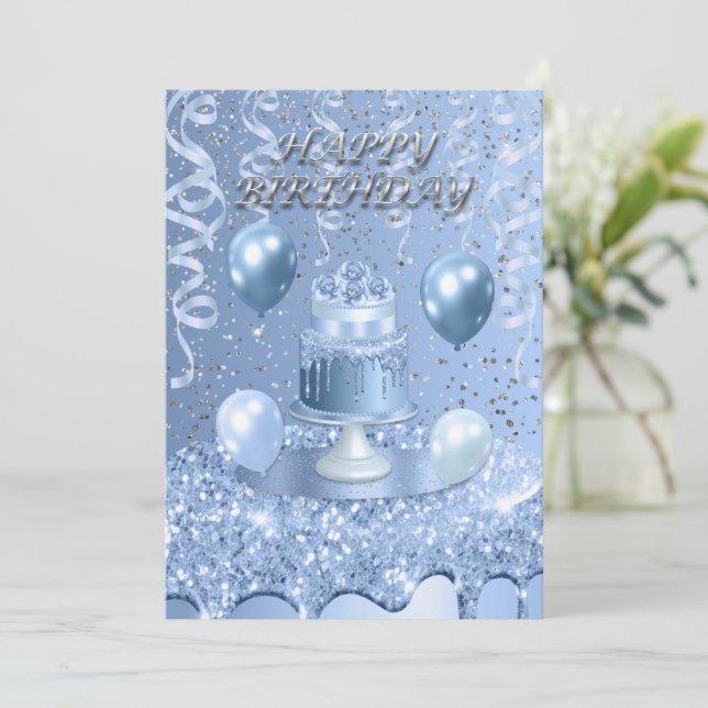 Invitation au gâteau d'anniversaire bleu étincelan (Debout devant)