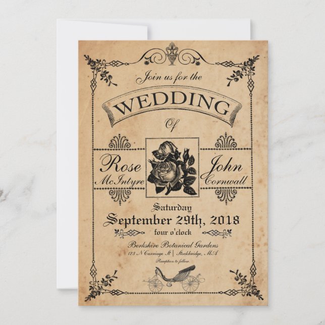 Invitation au mariage antique Jardin Rose romantiq (Devant)