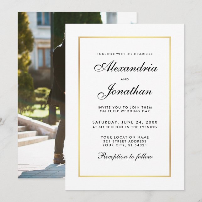 Invitation au mariage blanc noir élégant moderne - (Devant / Derrière)