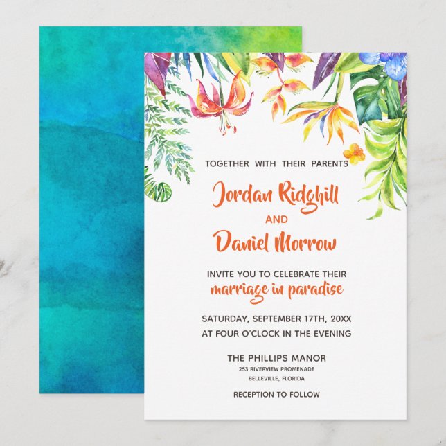 Invitation au mariage de destination de l'aquarell (Devant / Derrière)