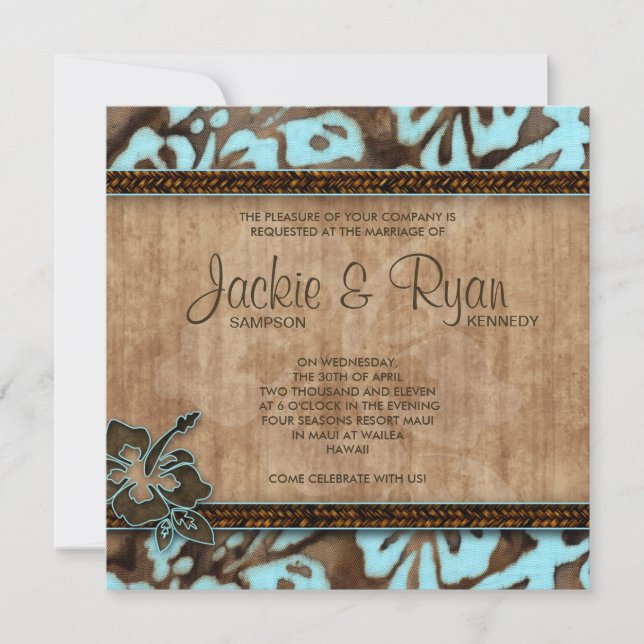 Invitation au mariage de plage Hibiscus Brown bleu (Devant)