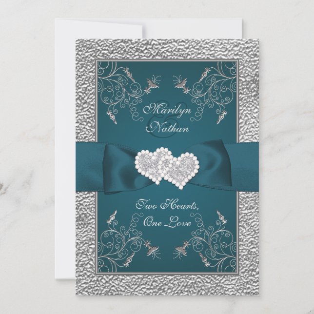 Invitation au mariage des coeurs Turquoises et gri (Devant)