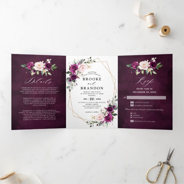 Invitation au mariage géométrique triplé blanc ivo (Intérieur)