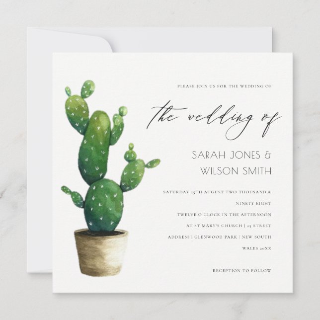 Invitation au mariage minimal Poted Cactus Green F (Devant)