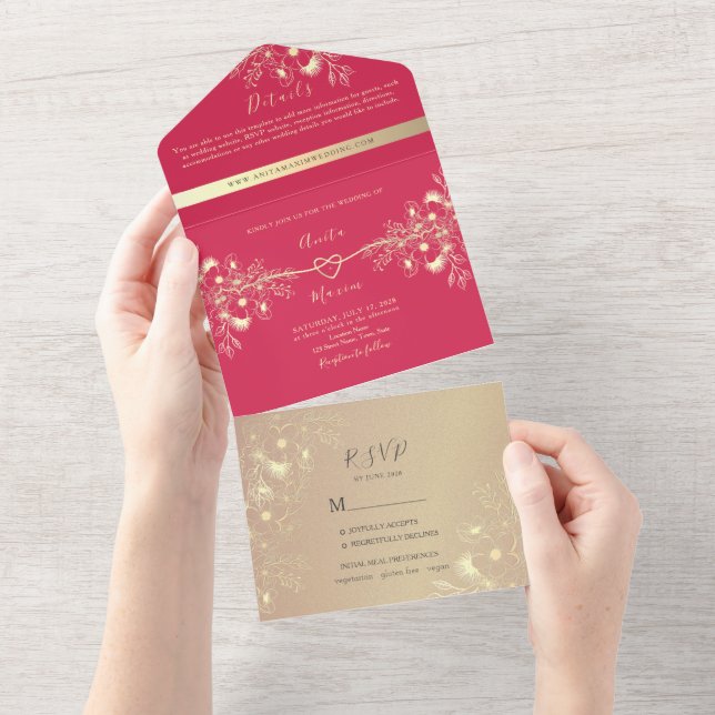 Invitation au mariage tout-en-un magenta Floral (Déchirure)