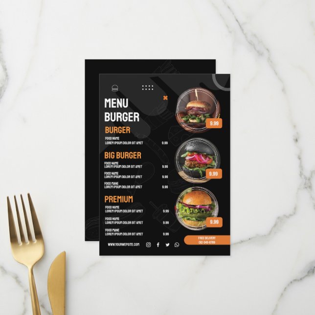 Invitation au menu du restaurant de burgers élégan (Devant/Arrière en situation)