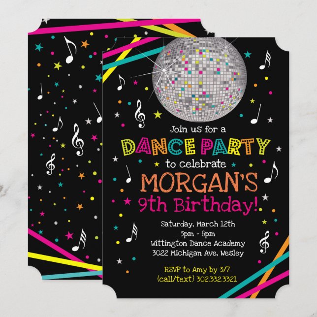 Invitation au néon de soirée dansante de lueur (Devant / Derrière)