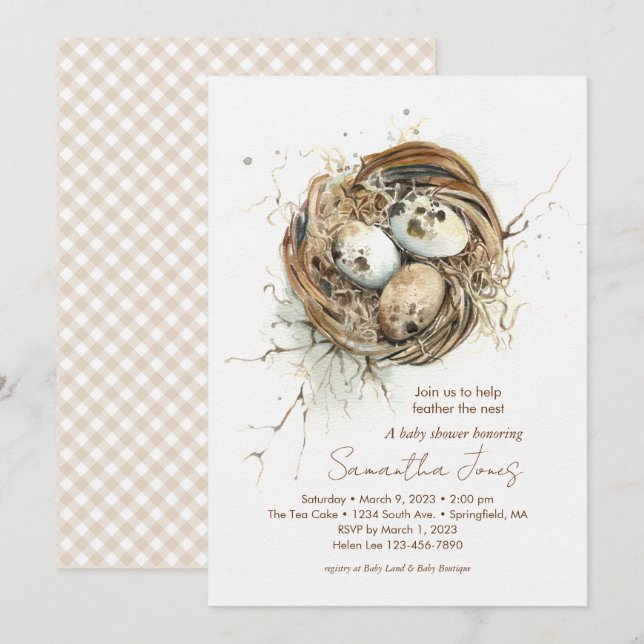 Invitation au nid d'oiseaux de baby shower Woodlan (Devant / Derrière)
