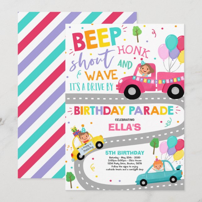 Invitation Au Parade D'Anniversaire Parade Rose (Devant / Derrière)