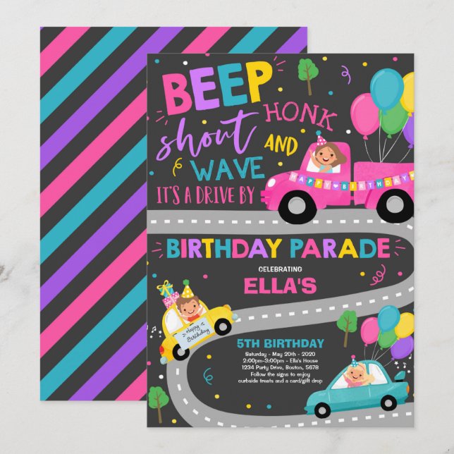 Invitation Au Parade D'Anniversaire Parade Rose (Devant / Derrière)