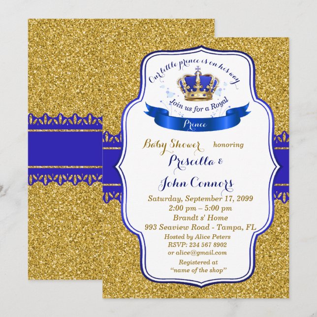 Invitation au petit Baby shower Prince, or, bleu (Devant / Derrière)
