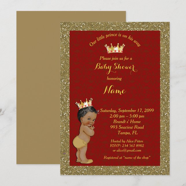 Invitation au petit Baby shower Prince, or, rouge (Devant / Derrière)