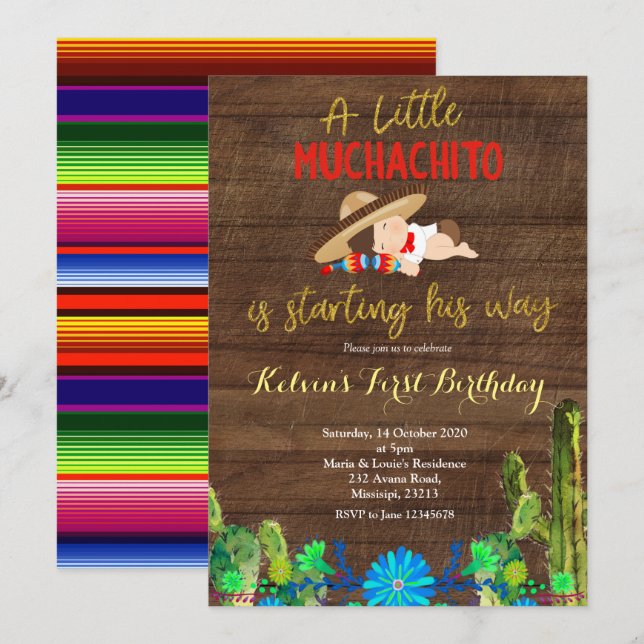 Invitation au premier anniversaire Fiesta Baby Muc (Devant / Derrière)