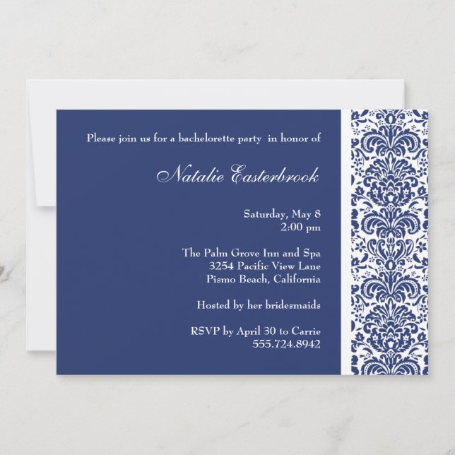Invitation au Royal Blue Damask Bachelorette Party (Devant)