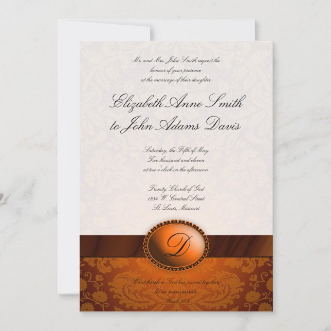 Invitation au ruban de cuivre Mariage damassé (Devant)
