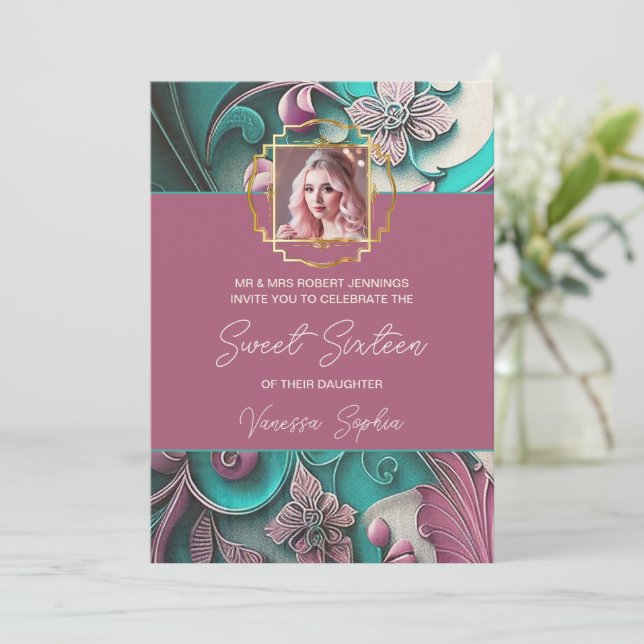 Invitation au Sweet sixteen photo floral moderne (Debout devant)