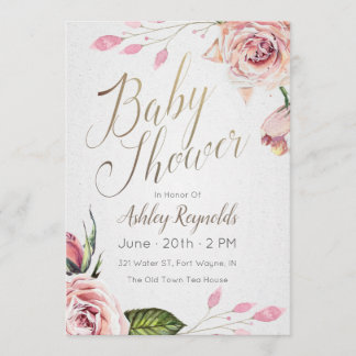 Invitation au Tea Party Baby shower rose