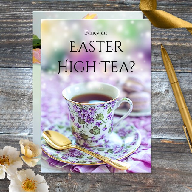Invitation au thé à la menthe britannique ou au br (British style Easter brunch or High Tea invitation featuring a colorful tea and spring tulip flowers)