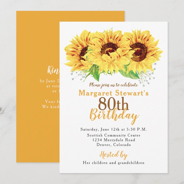 Invitation au tournesol jaune 80e anniversaire (Devant / Derrière)