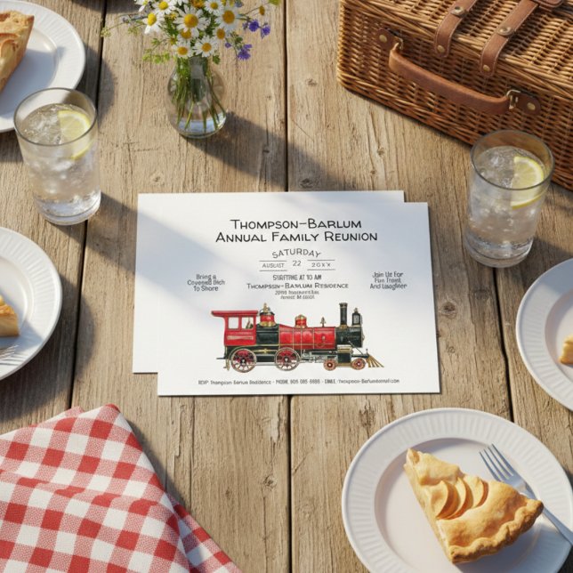 Invitation au Train Rouge pour une Réunion de Fami (Family Reunion Red Train Invitation Postcard)