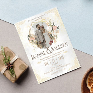 Invitation Auberge de mariage d'or et de fleurs élégante