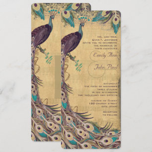 Invitation Aubergine Aqua et Paon Doré Vintage 3 Plumes