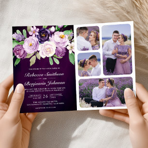 Invitation Aubergine Floral Code QR Mariage Sombre et Romanti