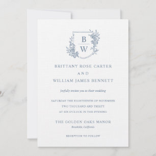 Invitation [AURORA] Mariage de monogramme de crête bleue Vint