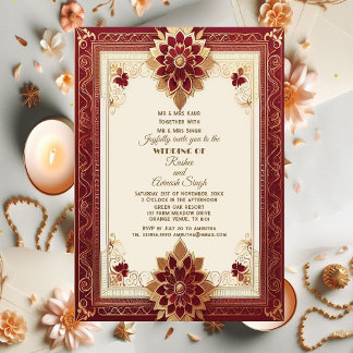 Invitation Auspicious Gold Ornate Floral Maroon Grand Indian