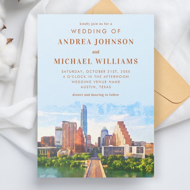 Invitation Austin Texas Watercolor City Skyline Mariage (Créateur téléchargé)