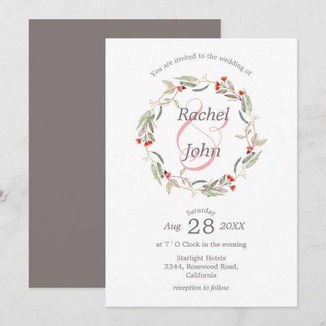 Invitation Australien Mariage rose et gris de couronne floral (Devant / Derrière)