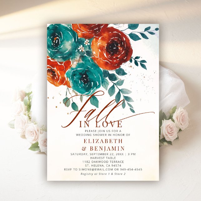 Invitation Automne Amour Turquoise Orange moderne Fête des ma (fall in love wedding shower invitation teal burnt orange terracotta watercolor floral elegant rustic)