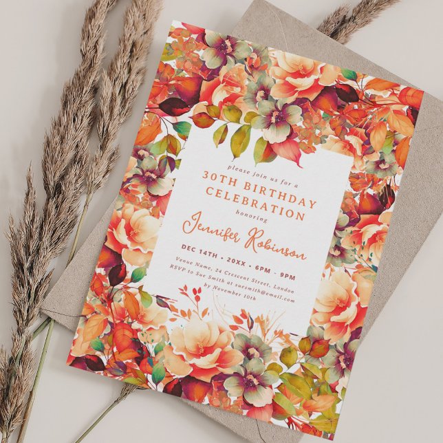 Invitation Automne Aquarelle d'automne Floral 30e fête d'anni (Fall Autumn Watercolor Floral 30th Birthday Party Invitation)