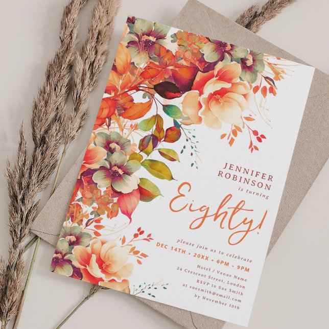 Invitation Automne Aquarelle d'automne Floral 80e anniversair (Fall Autumn Watercolor Floral 80th Birthday Invitation)