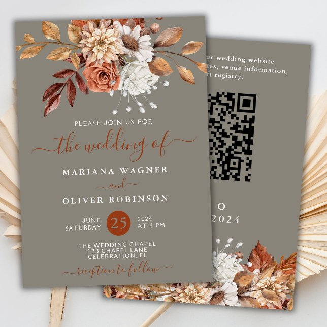 Invitation Automne Aquarelle Floral Grey QR CodeWedding (Créateur téléchargé)