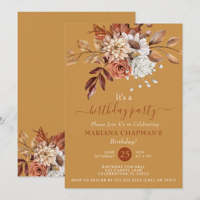 Invitation Automne Aquarelle Floral Or fête d'anniversaire (Devant / Derrière)