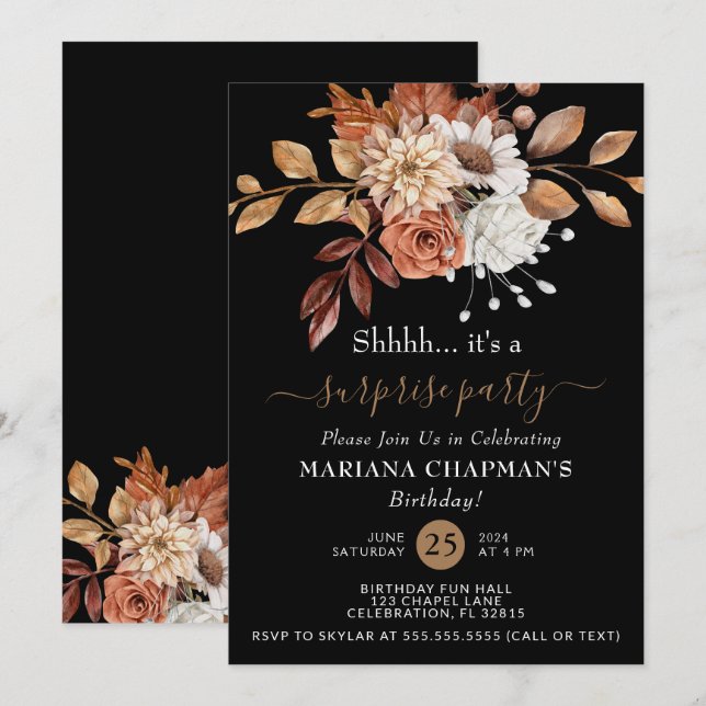 Invitation Automne aquarelle Floral sur Black Surprise Party (Devant / Derrière)