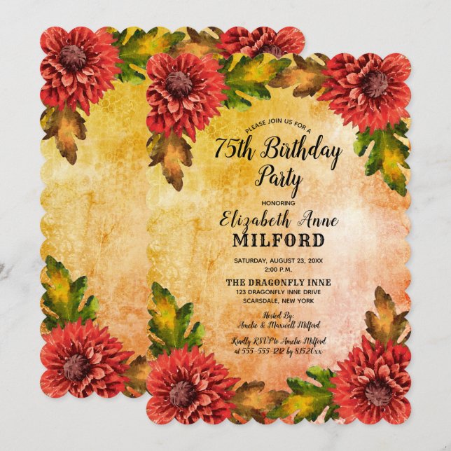 Invitation Automne Aquarelle Florale 75e fête d'anniversaire (Devant / Derrière)