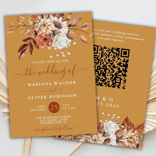 Invitation Automne Aquarelle Florale sur Gold QR Code Mariage (Créateur téléchargé)