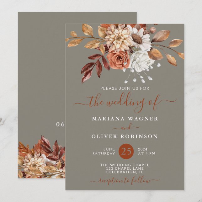Invitation Automne Aquarelle Florale sur Mariage gris (Devant / Derrière)