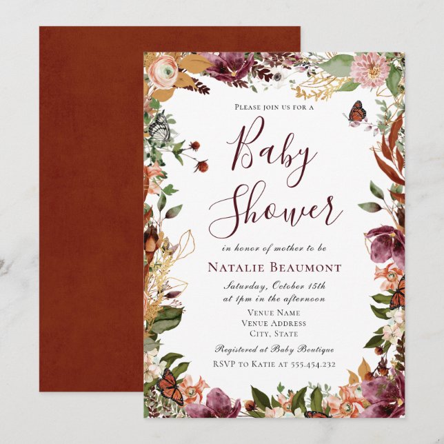 Invitation Automne automne Baby shower floral (Devant / Derrière)