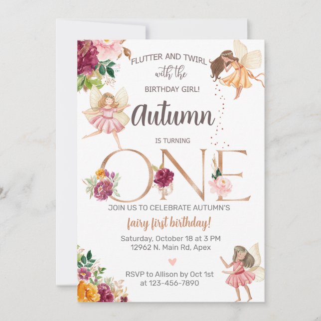 Invitation Automne automne fée fille 1er premier anniversaire (Devant)