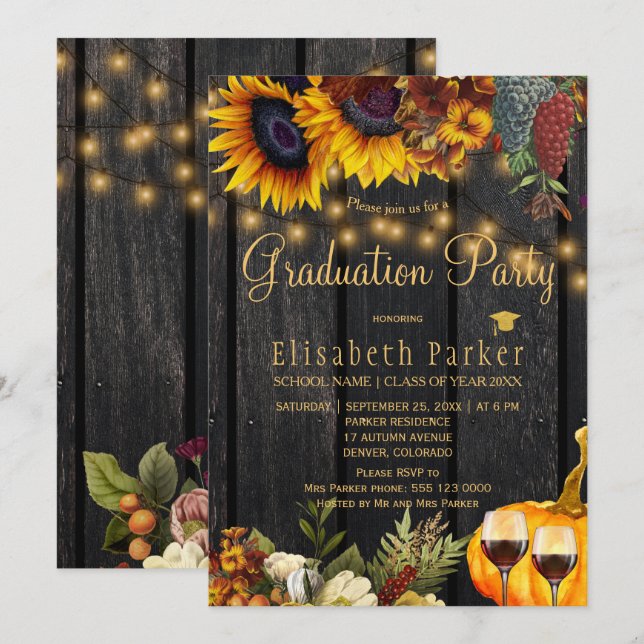 Invitation Automne automne Fête de graduation en bois fleuri  (Devant / Derrière)